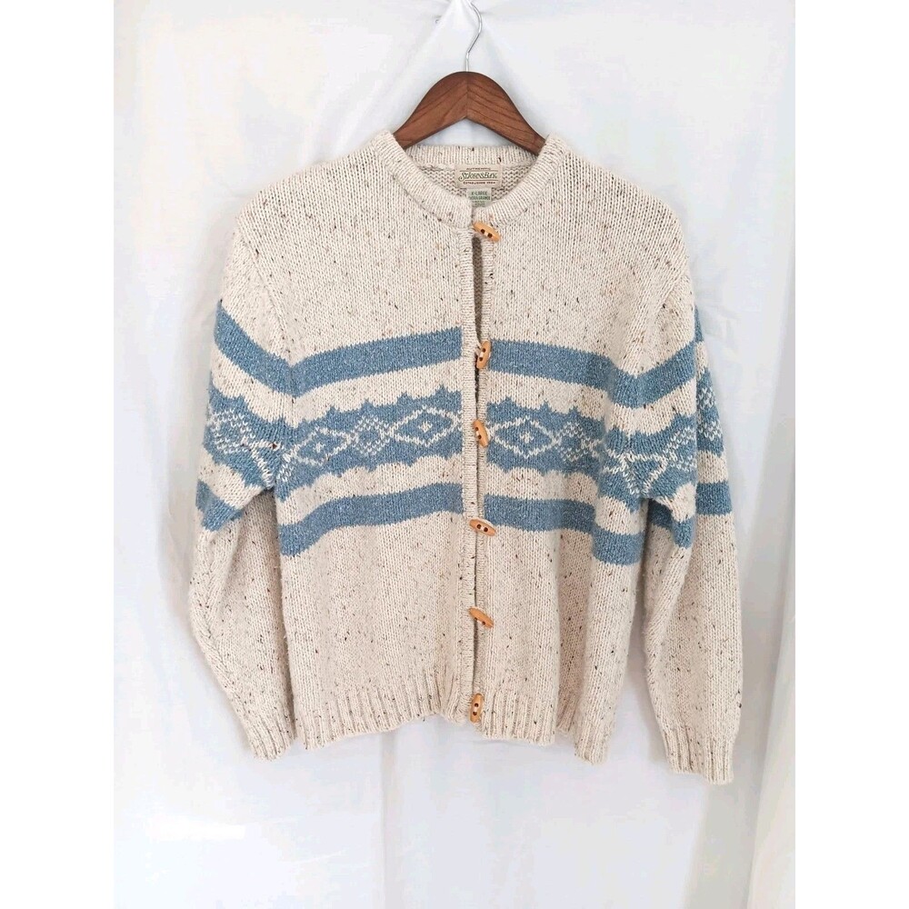 Vintage St Johns Bay XL Fair Isle Cardigan Sweater Blue Cream Toggle Button...